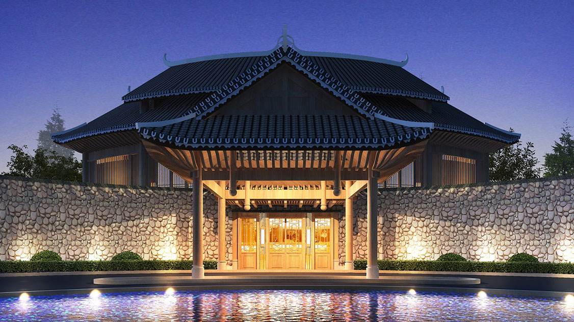 Traditional pavilion illuminated at night, reflected in a tranquil pool at Angsana Leishan, China.