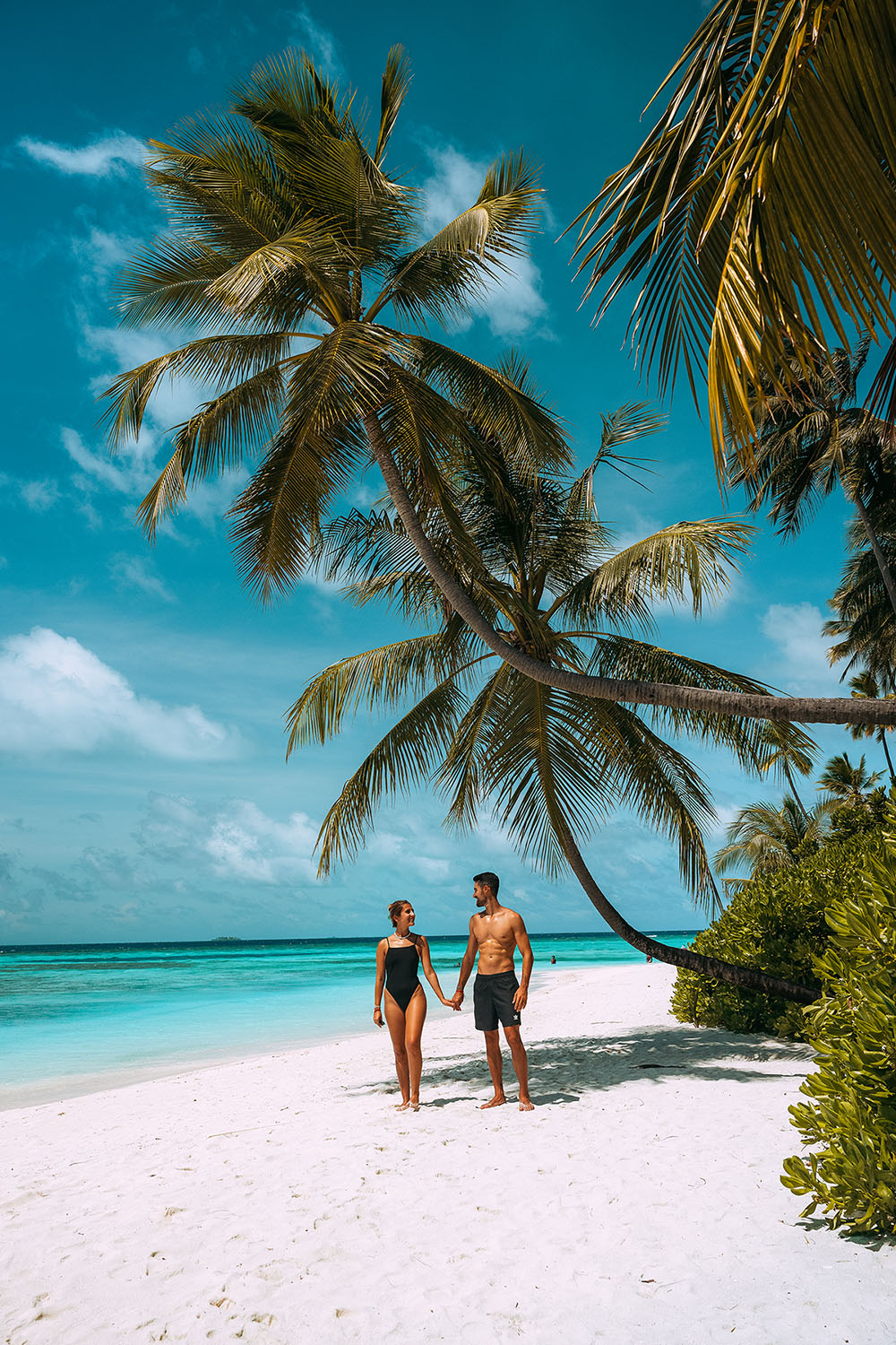 Couple holding hands under a palm tree on an island in Maldives 