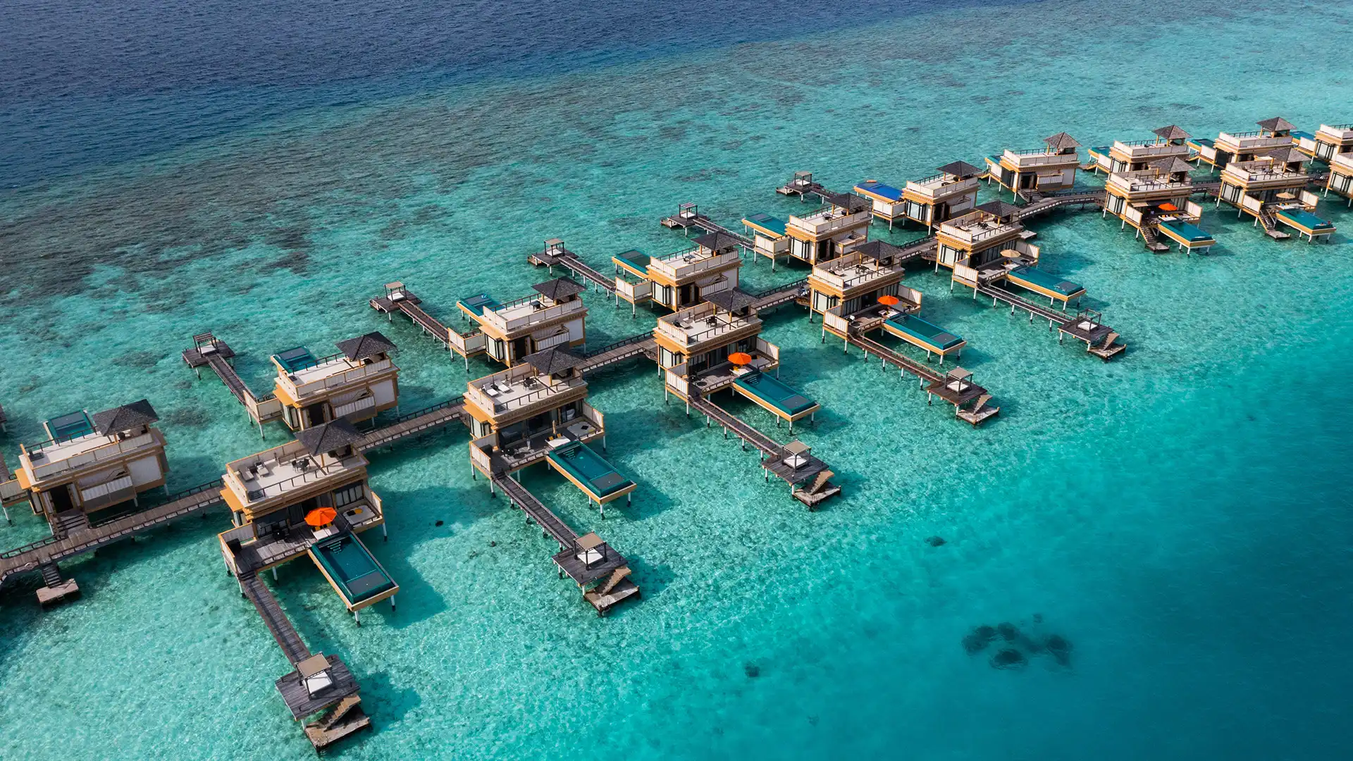 Inocean Pool Villas with plunge pools perched over the Maldivian waters at Angsana Velavaru.